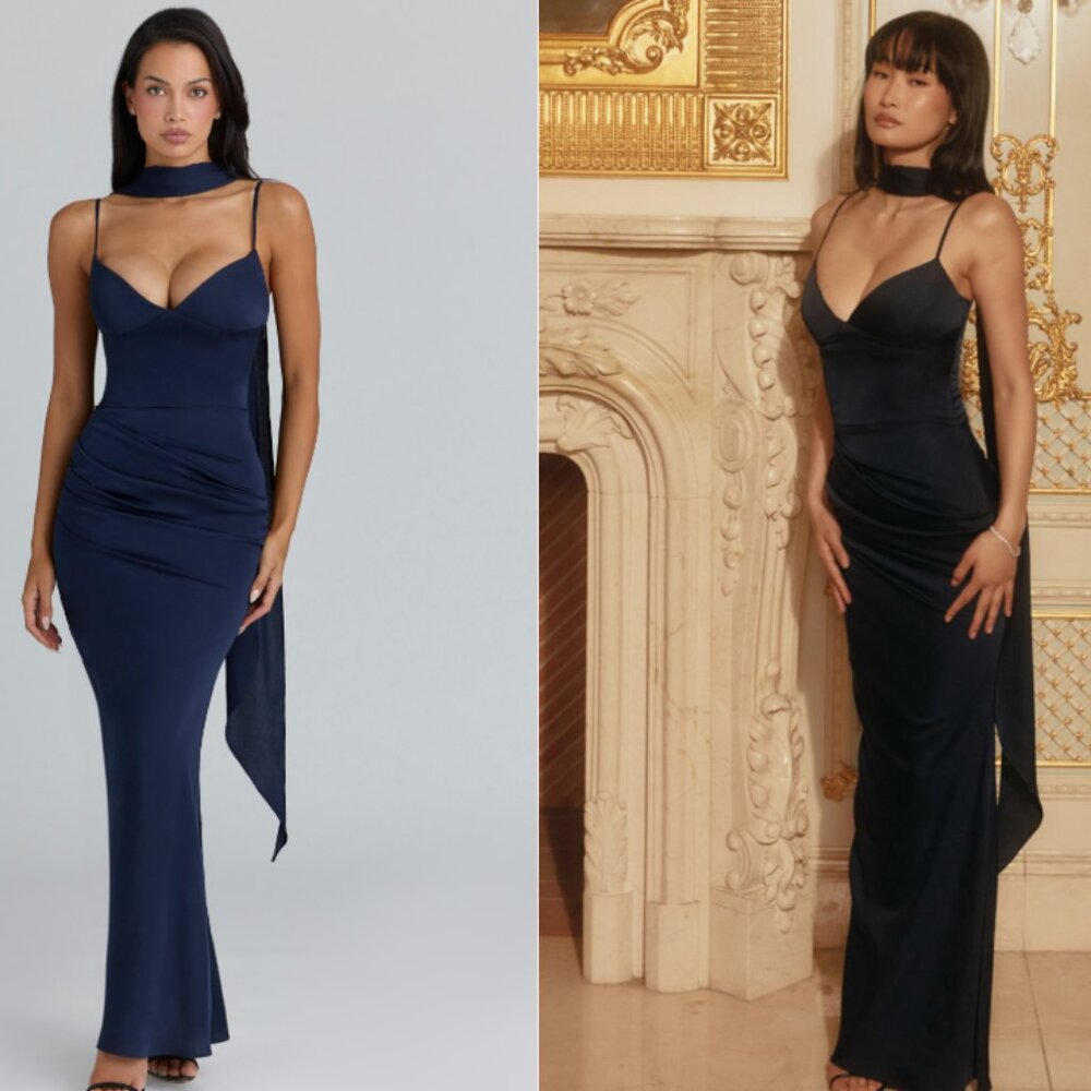 House of CB Freya navy satin gathered maxi dress + scarf NWT